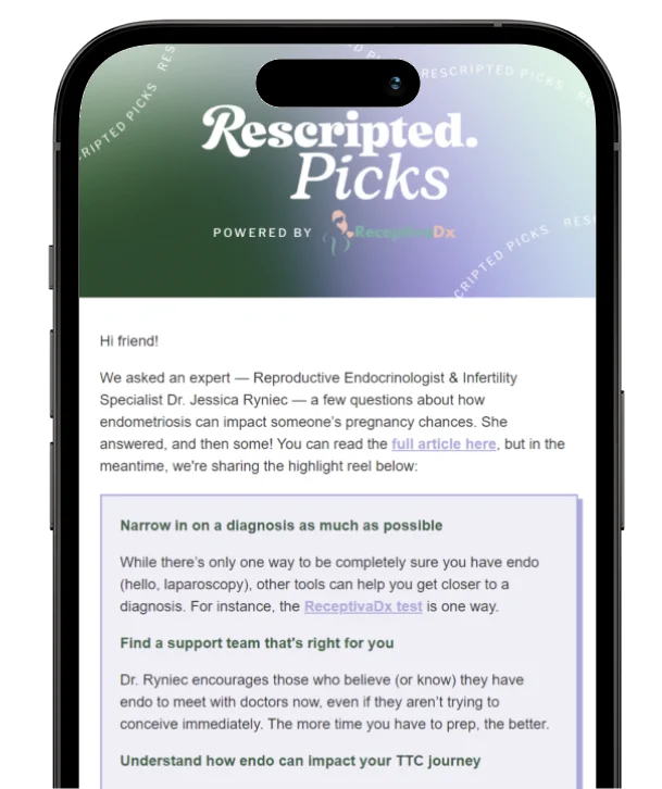 phone showing Rescripted email newsletter content about endometriosis