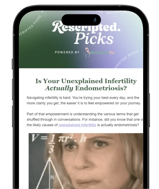 phone showing Rescripted email newsletter content about endometriosis